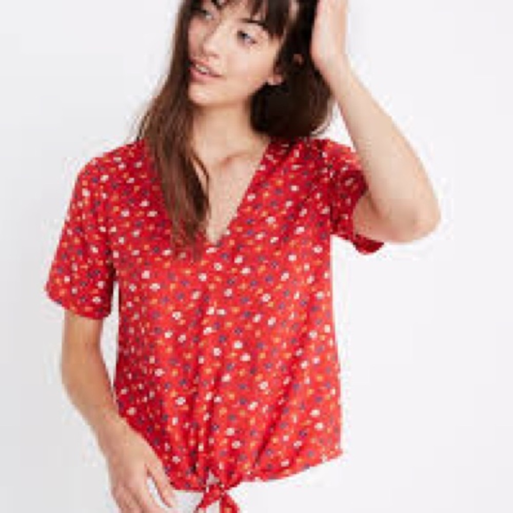 Madewell Red Ditsy Floral Tie Front Boho Cottagecore Blouse